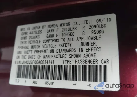 2010 Acura Tsx 2.4 from USA, damaged, VIN JH4CU2F60AC034141